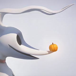 a white sculpture holding an orange in its mouth Zero Halloween Jack Skellington, Before Christmas, Zero Nightmare Before Christmas, light gray