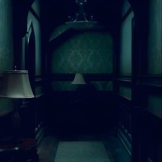 a dark hallway with a lamp on the end table and green wallpapered walls Halloween Hallway Inside Hill House, Horror House Aesthetic, Haunted Manor, Heelshire Mansion, black