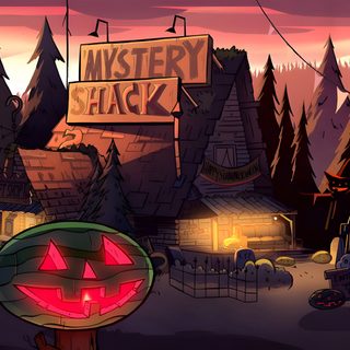 an animated halloween scene with a jack - o'- lantern in the foreground Gravity Falls Halloween Mystery Shack, Mystery Shack Background, Gravity Falls Background Computer, dark slate gray