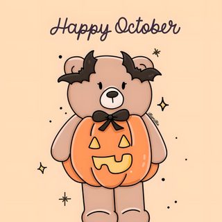 a teddy bear holding a pumpkin with the words happy october October Preppy Halloween Sassy, Happy October, Emoji Stickers Iphone, Halloween Cute, peach puff