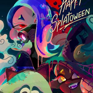 an image of a cartoon character with the words happy halloween written on it's face Splatoon Halloween Splatoon Halloween, Splatoween Official Art, Splatoon Zombie Au, dark slate gray