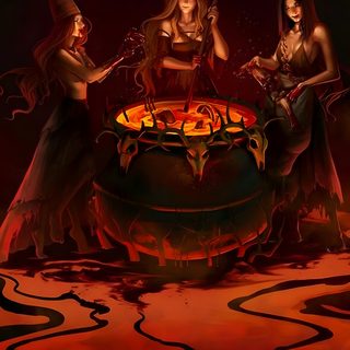 three witches sitting around a caulder filled with liquid and gold in the dark Witcher Halloween Fantasy Witch Coven Art, 3 Witches Around A Cauldron, Witches Around Cauldron, black