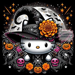 a hello kitty wearing a witches hat with pumpkins and flowers on it's head Halloween With Hello Kitty In A Hat Halloween Pictures Hello Kitty, Hello Kitty October, Hello Kitty Halloween Flowers, black