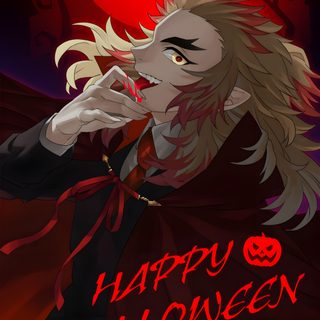 an anime character with long hair and red eyes Rengoku Halloween Halloween Demon Slayer, Halloween Rengoku, Hashira Halloween, Rengoku Halloween Pfp, black