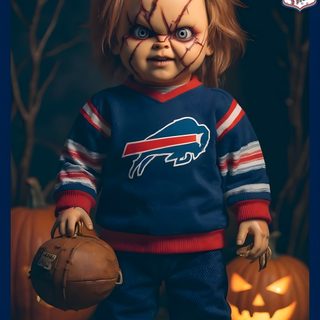 a creepy doll dressed as a football player holding a ball and wearing a helmet with the buffalo bills logo on it Buffalo Bills Halloween Buffalo Bills Stuff, Buffalo Ny, Buffalo Bills, Buffalo, dark slate gray