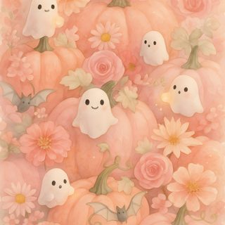 a painting of pumpkins and flowers with ghost faces in the middle, surrounded by pink roses Pastel Halloween Medium-pumpkin Patch Phone, Desktop, Halloween Decorations, burlywood