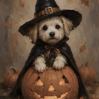 a painting of a dog wearing a witches hat and sitting on top of a pumpkin Halloween Dog Hd dark olive green