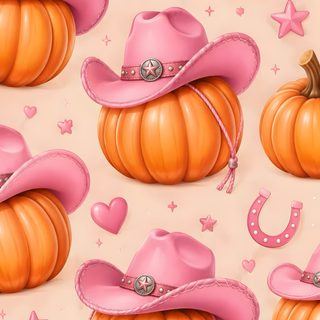 a pink cowboy hat on top of a pumpkin with stars and other items around it Halloween Cowgirl light pink