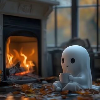 a little ghost sitting in front of a fire place Cute Halloween Gif Ghost Iphone, Halloween Iphone Ghost, Halloween Ghost Iphone, Ghost Phone, dark slate gray