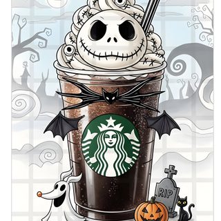 a starbucks drink with a skeleton face on top and bats around the cup, surrounded by halloween decorations Halloween Starbucks gainsboro