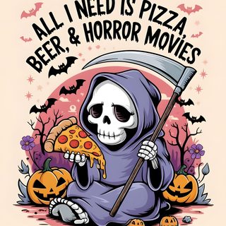 a skeleton with a scully face holding a pizza in its hand and the words all i need is pizza, beer & horror movies Halloween Pizza Cartoon Funny Halloween Art, Skeleton Pizza, Funny Halloween Drawings, antique white