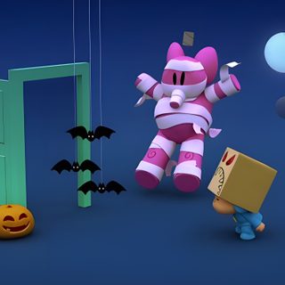 a pink cat is standing in front of an open door, with a pumpkin next to it Pocoyo Halloween Pocoyo Halloween, Pocoyo Fall, Zombie Pocoyo, Pocoyo Space Halloween, midnight blue