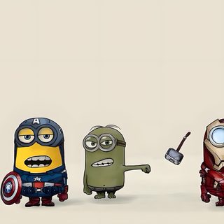 three minion characters are standing in the snow with one holding an iron - man figure Minion Halloween Desktop Minions Twitter Header, Minion Cover Photo, Minion Laptop, gainsboro
