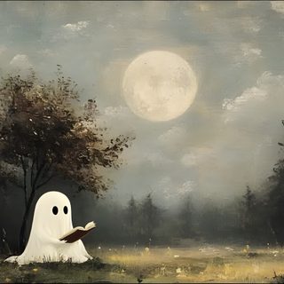 a painting of a ghost reading a book in a field with trees and the moon behind it Halloween Laptop Ghost Laptop Aesthetic Vintage, Laptop Screen, Tv Screensaver Aesthetic, gray