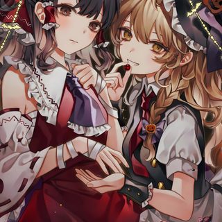 two anime characters are hugging in front of candles Touhou Halloween Touhou Halloween, Apothecary Diaries Background, Touhou Marisa And Reimu, dark olive green