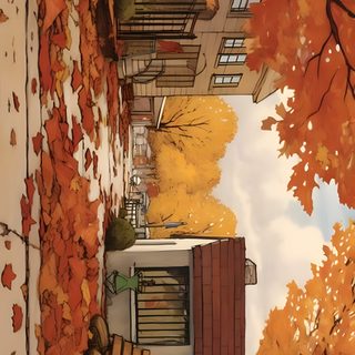 an illustration of a building with autumn leaves on the ground and trees in front of it Snoopy Halloween Laptop October Sun, Lovely Creatures, Autumn Aesthetic, Anime Scenery, Laptop, sienna