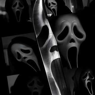 black and white photograph of halloween masks with the word scream on it's side Aesthetic Halloween Ghost Face black