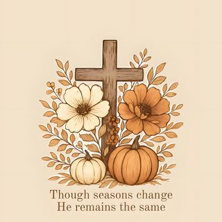 a cross, flowers and pumpkins with the words though seasons change it's autumn time Cute Christian Halloween Lord Backgrounds, Thanksgiving Phone Aesthetic, Seasonal, Cute Fall Iphone, bisque