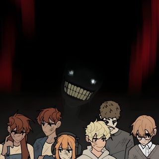 an animated group of people standing in front of a black background with red light coming from behind Halloween For School School List, Magic School Bus, Wheels On The Bus, Webtoon Comics, black
