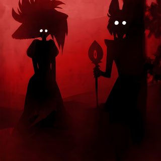 two silhouettes are standing in front of a red background, one is holding a knife and the other has an evil look on its face Hazbin Hotel Halloween Aesthetic Photos, Les, Demons Fanart, Non Human Characters, Animation Eyes, black