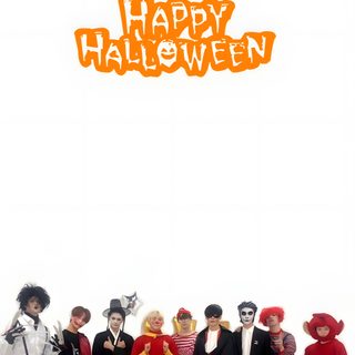 a group of people dressed in costumes posing for a photo with the words happy halloween written above them Seventeen Halloween Skz Halloween, Kpop Fall, K Pop Halloween, Going Seventeen, white smoke