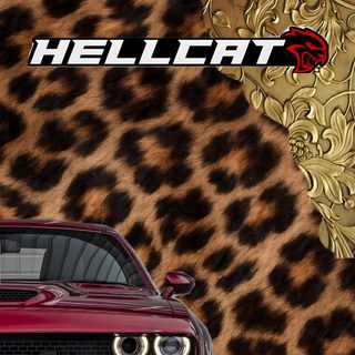 the front end of a red car with leopard print Halloween Hellcat dark olive green