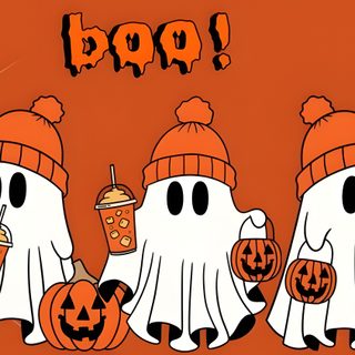 three cartoon ghostes with pumpkins and drinks in front of the word boo on an orange background Happy Halloween Ipad Spooky Cartoon Background, Spooky Cute Gif, Spooky Saturday Meme Cute, chocolate
