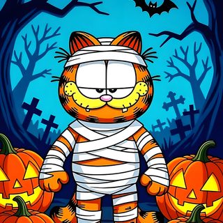 a cartoon cat dressed up as a halloween jack - o'- lantern with pumpkins Garfield Halloween Garfield Halloween Comics, Halloween Artwork, Garfield In Costume, dark slate gray