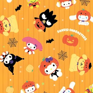 an orange background with halloween characters and pumpkins Kawaii Sanrio Halloween Kawaii Sanrio Halloween, Sanrio Characters Halloween, Aesthetic Sanrio Halloween, sandy brown