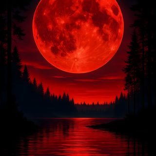 a red full moon over a lake with trees in the foreground and water below Red Moon Halloween Lava Red, Images Of Red Moon, Red Moon Picture, Red World, Red Moon Photo, black
