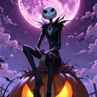 a skeleton sitting on top of a pumpkin in front of a full moon with purple clouds Happy Halloween Jack Skellington Nightmare Before Christmas Pumpkin, Tim Burton Disney, Jack The Pumpkin King, dark slate blue