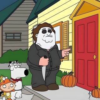 a cartoon character standing in front of a house next to a dog and pumpkins Family Guy Halloween Peter Griffin Halloween, Family Guy Halloween, Family Guy Ghost, sienna