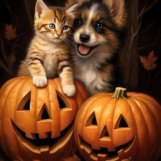a painting of a dog and cat sitting on pumpkins Cute Dog And Cat Halloween Cat And Dog Pumpkin, Cat And Dog Halloween, Puppy In Pumpkin Art, maroon