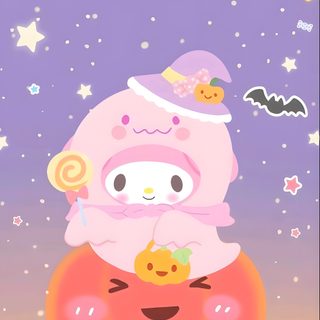 a cartoon character sitting on top of a pumpkin with stars in the sky behind it Sanrio Halloween Pastel Hello Kitty Halloween, Sanrio Danshi, Anime Halloween, Hello Kitty Coloring, plum
