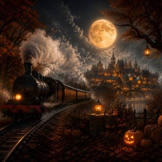 a train traveling down tracks next to a forest filled with pumpkins under a full moon Halloween Train black