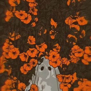 an orange and white painting with flowers in the foreground, on a black background Aesthetic Halloween Flower Adult Halloween, Iphone Spooky Aesthetic, Summerween Phone Background, dark olive green