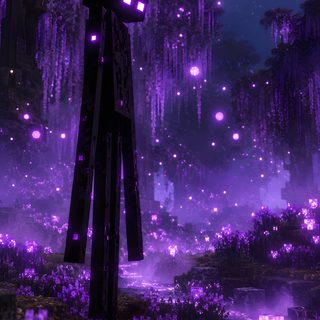 an image of a night scene with purple lights Minecraft Halloween Purple Dark Fantasy, Dark Minecraft, Enderman, Enderman Aesthetic, midnight blue