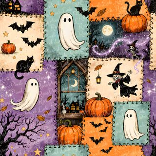 halloween fabric with pumpkins and ghost on it Halloween Squares Custom Halloween Patchwork, Floating Ghosts, Halloween Cute, Screen Savers, rosy brown