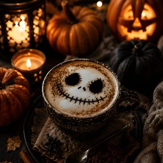 a cup of coffee with a face painted on it next to pumpkins and candles Halloween Coffee black