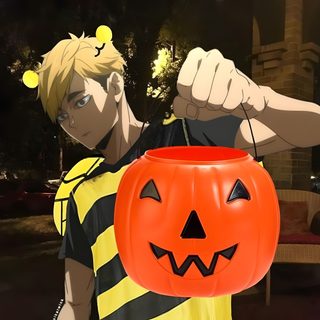 a young man is holding up a jack - o'- lantern Haikyuu Halloween Anime Character With Pumpkin Bucket, Anime Cosplay Inspiration, Diy Halloween Costume Ideas, black