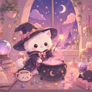 a painting of a cat dressed as a witch cooking in a caulder next to other items Kawaii Halloween Desktop rosy brown