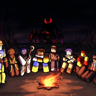 a group of people standing around a campfire Forsaken Halloween Letting Go Of Him, Roblox Funny, Zoo Wee Mama, Pc, I Dont Have Friends, Campfire, black