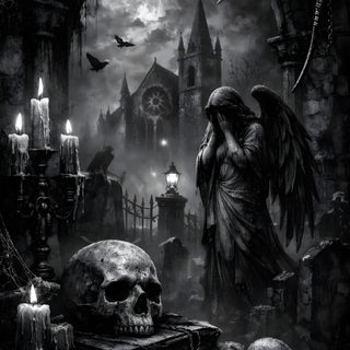 an angel standing next to a skull and candles Gothic Halloween All Gray Grey By Angel Dark Gothic Staircase, Grim Reaper, Grim Reaper Art, black