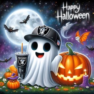 a happy halloween scene with a ghost holding a drink Raiders Halloween Raiders Birthday Images, Raiders Halloween Meme, Raiders Halloween, dim gray