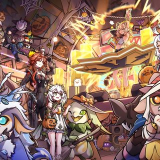 several cartoon characters standing together in front of a large group of other animated characters, Genshin Impact Halloween Halloween Genshin, Genshin Halloween, Genshin Impact Halloween, dim gray