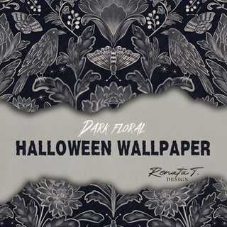 an image of a wallpaper with flowers and birds on it, in black and white Gothic Halloween For Home dim gray