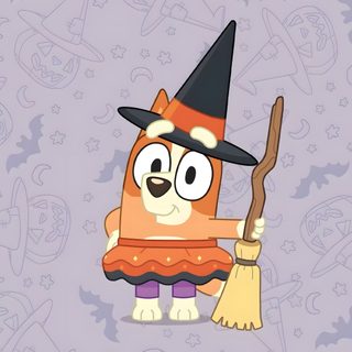 a cartoon character holding a broom and wearing a witches hat Bingo Halloween Bingo Halloween Costumes, Bluey Halloween Aesthetic, Calabaza Halloween Bluey, silver