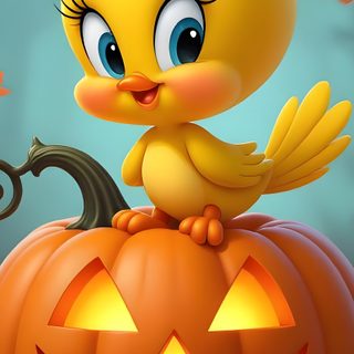 a yellow bird sitting on top of a pumpkin Tweety Bird Halloween olive drab