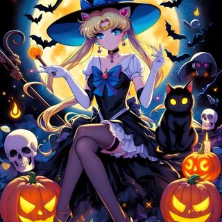 a woman sitting on top of a pile of pumpkins next to a full moon Sailor Moon Halloween Sailor Moon Dark Moon Circus, Sailor Moon Halloween, Sailor Mars Shrine Maiden, dark slate gray