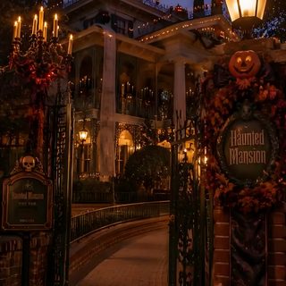 an entrance to a house decorated for halloween with pumpkins and decorations on the gate Haunted Mansion Halloween black